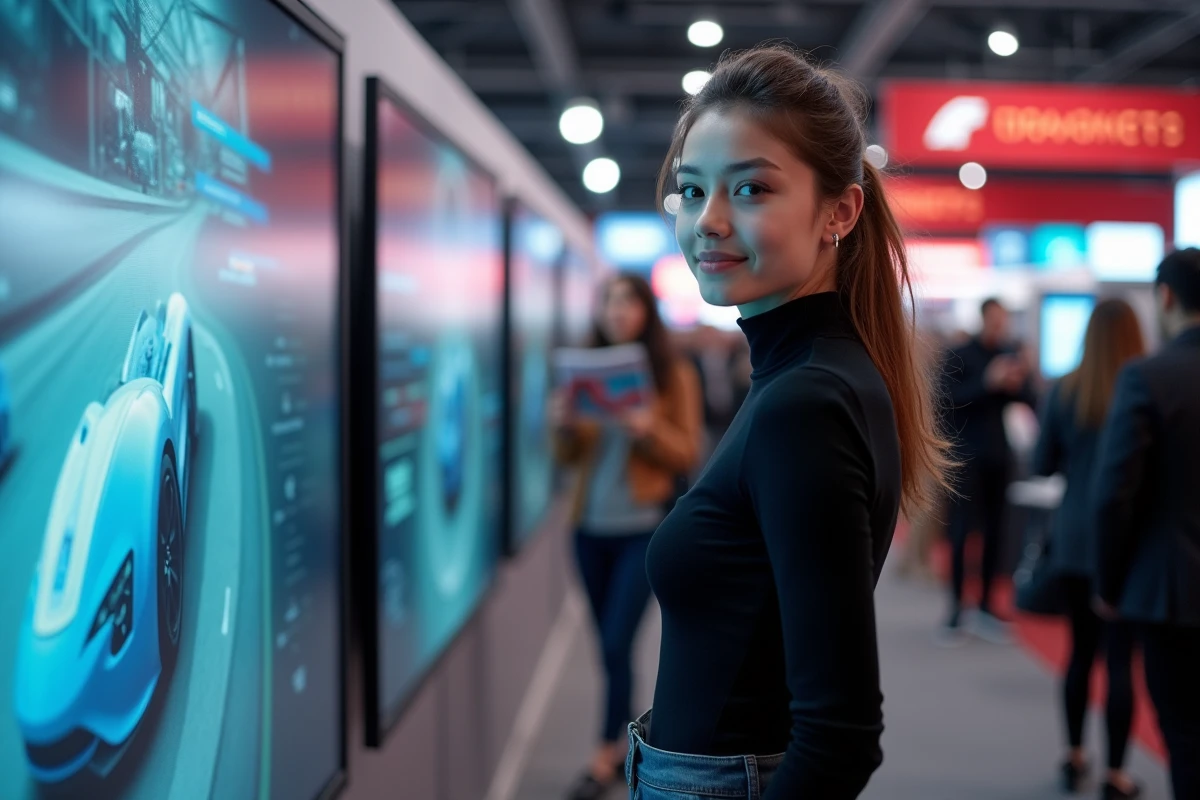 Jeune femme devenue figure emblématique de la communauté des fans d'automobile lors d'une convention motorsport