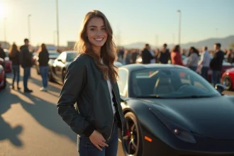 Jeune femme passionnée d'automobile posant avec confiance lors d'un rassemblement de fans de voitures de sport