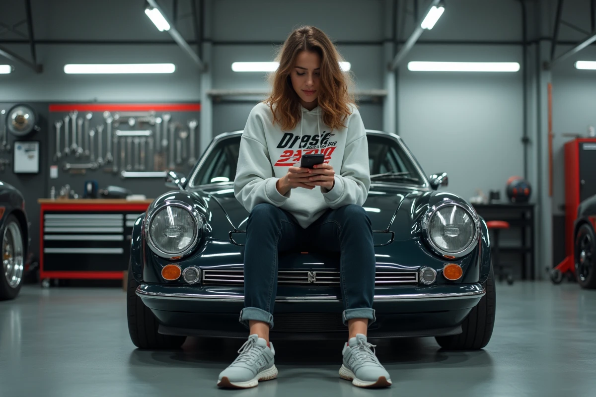Femme influenceuse automobile assise dans un garage de préparation de voitures, symbole de la culture auto féminine