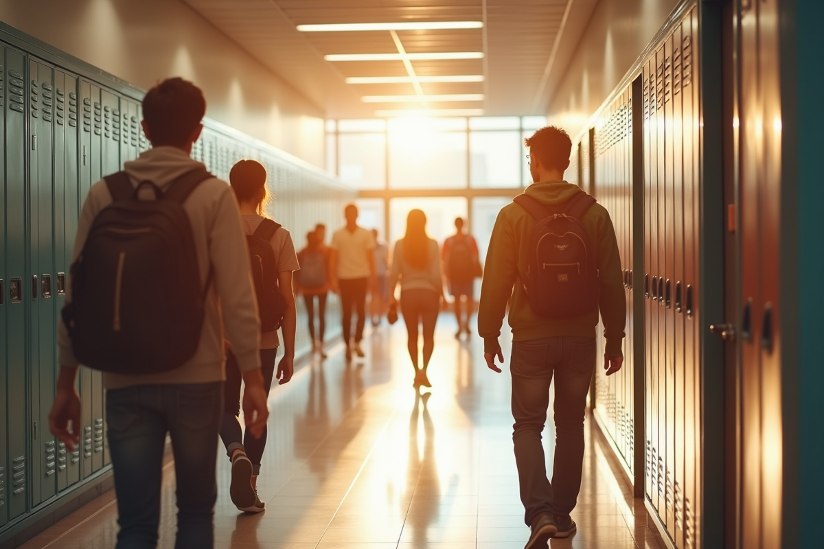 Couloir de lycée américain avec élèves et casiers colorés