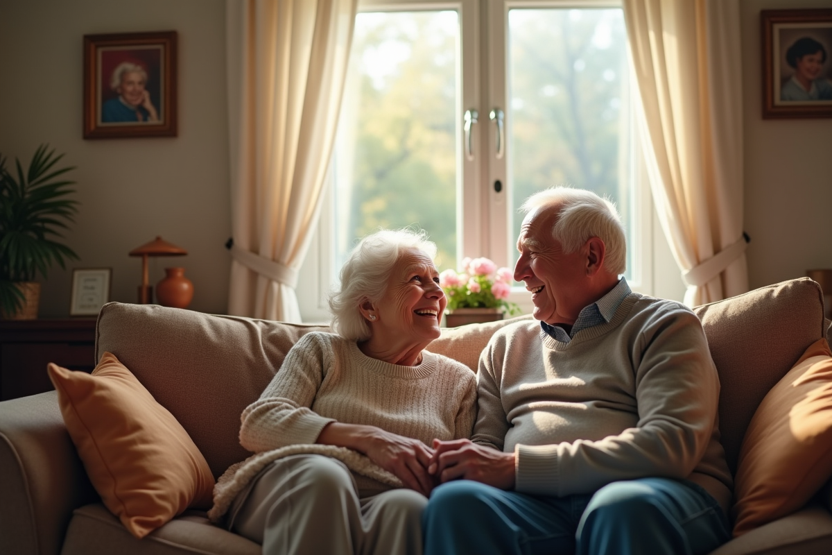 Couple de seniors assis dans un salon chaleureux