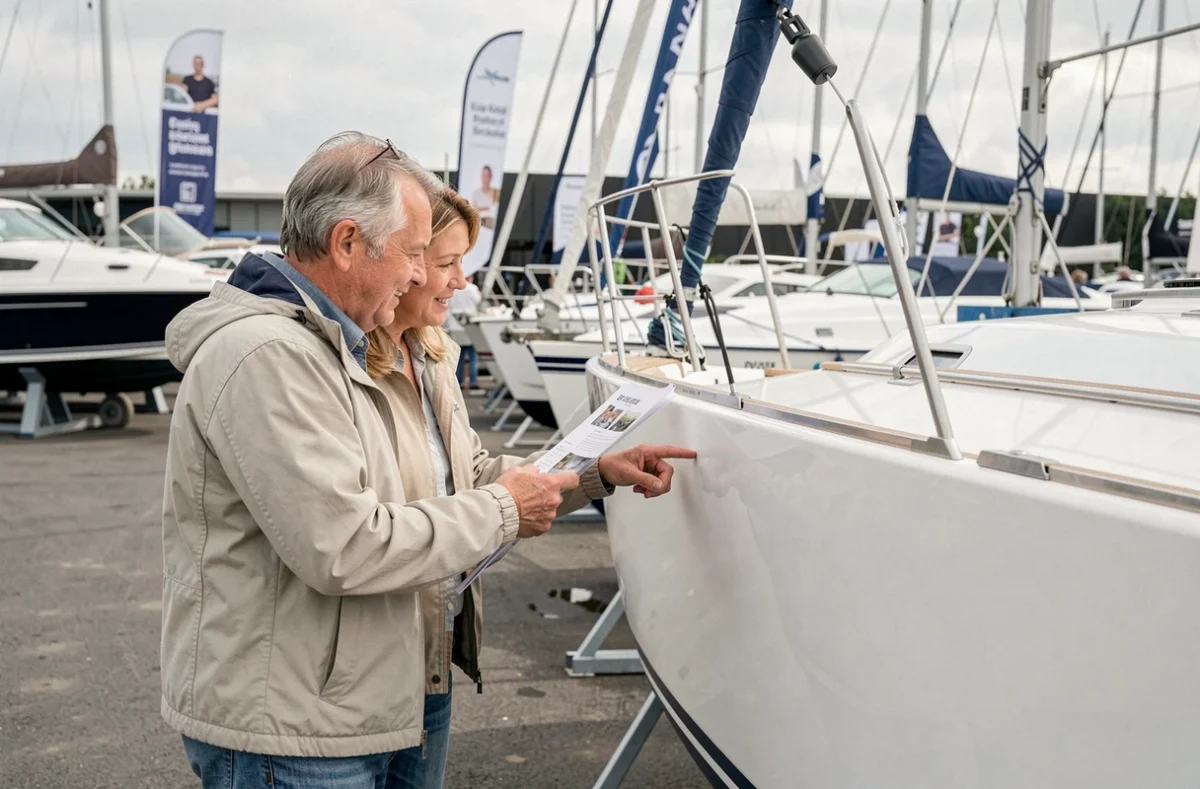 Couple examinant un voilier lors d'un salon nautique pour acheter un bateau moins cher en 2026