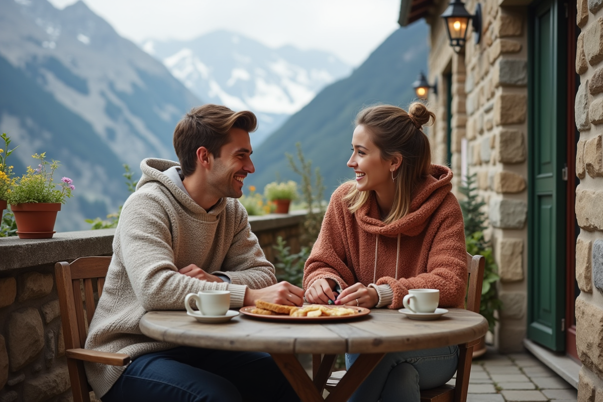 Jeune couple discutant sur une terrasse en montagne