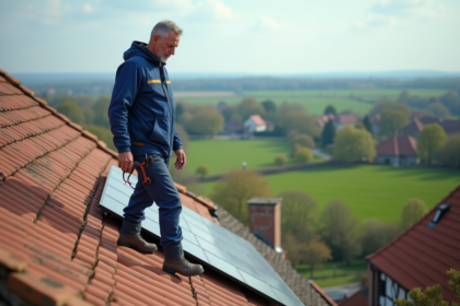 Ouvrier normand posant des panneaux solaires sur un toit traditionnel