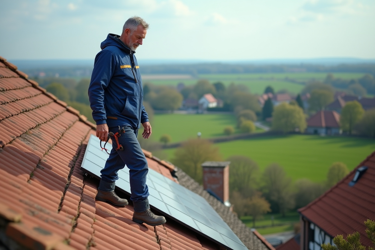 Ouvrier normand posant des panneaux solaires sur un toit traditionnel
