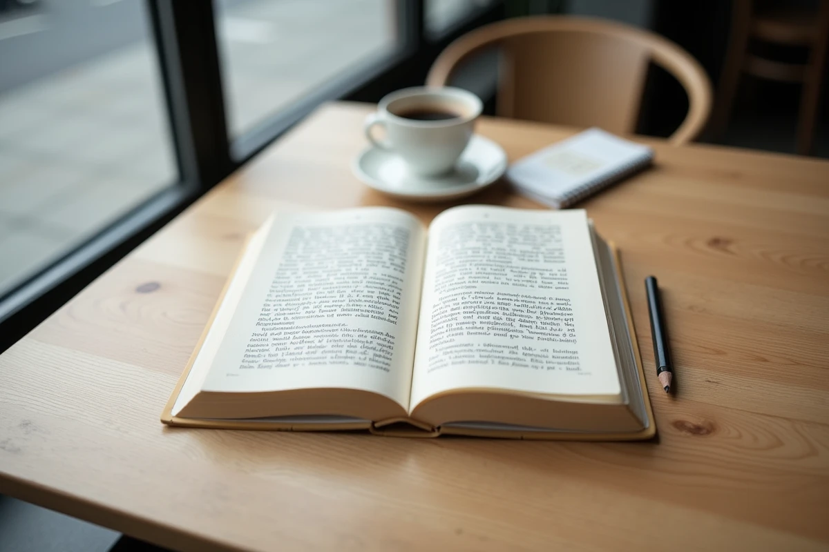 Couverture de livre posée sur une table de café avec un carnet de notes et un crayon pour illustrer la conception éditoriale
