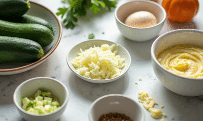 Plan de la cuisine avec ingrédients pour cake zucchini et fromage de chèvre