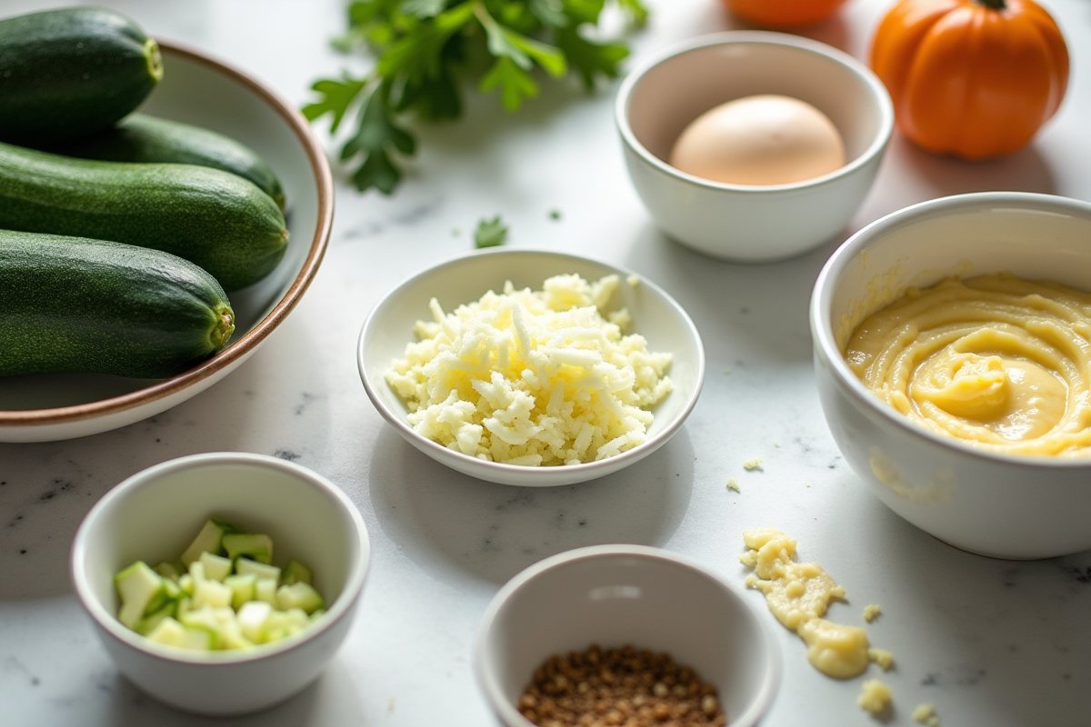 Plan de la cuisine avec ingrédients pour cake zucchini et fromage de chèvre
