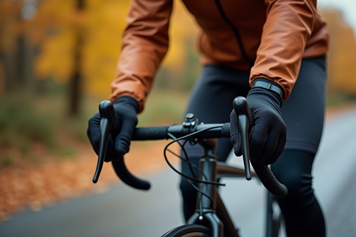 Cycliste portant des gants isolants sur un vélo en automne