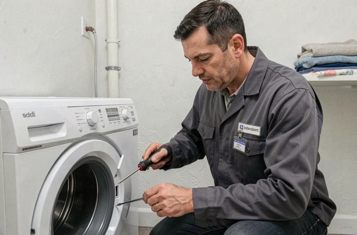 David Couleau, technicien indépendant, réparant un sèche-linge dans une buanderie à domicile