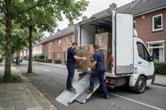 Équipe de déménageurs professionnels chargeant des cartons dans un camion de déménagement devant des maisons en briques à Villeneuve-d'Ascq