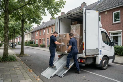 Équipe de déménageurs professionnels chargeant des cartons dans un camion de déménagement devant des maisons en briques à Villeneuve-d'Ascq