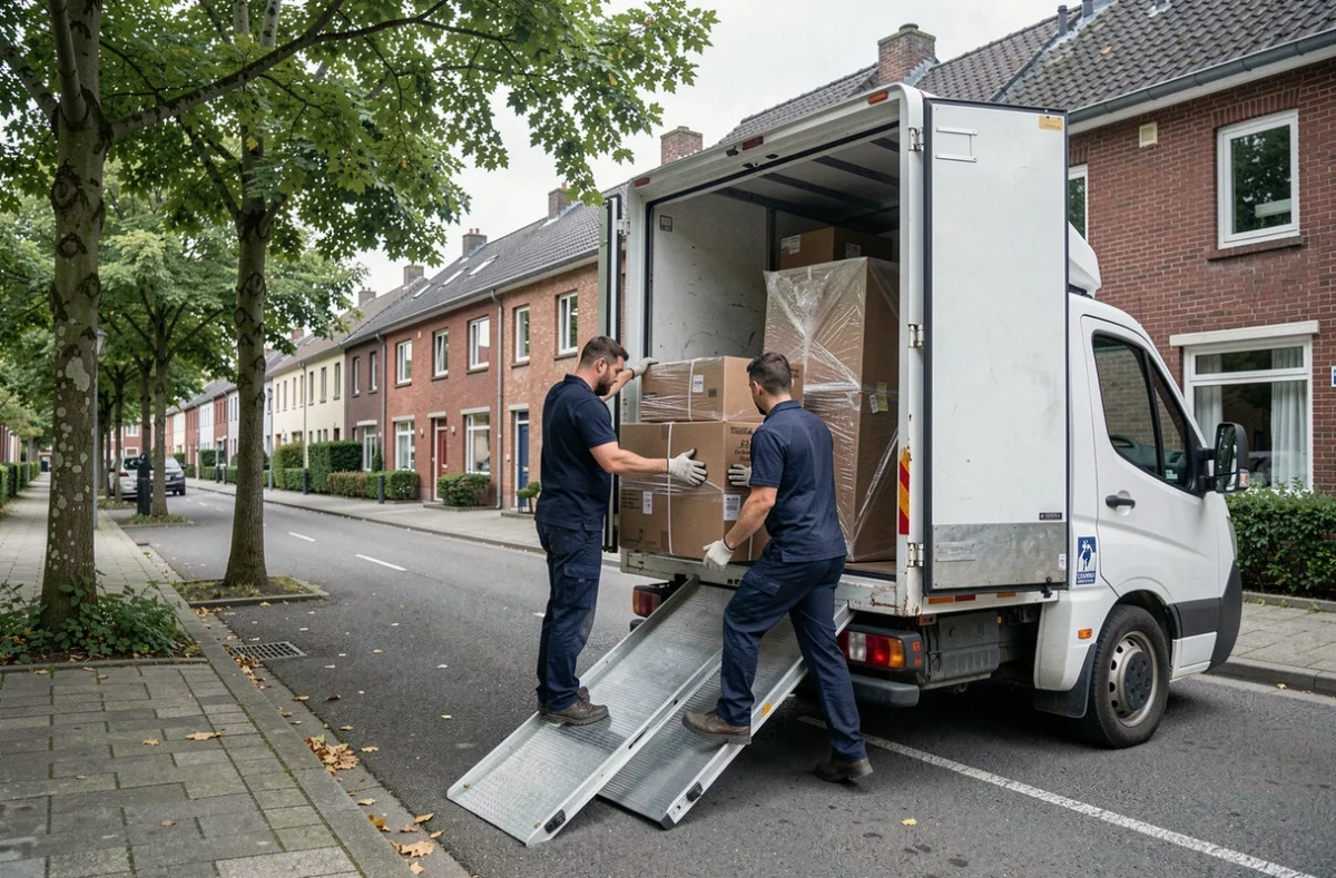 Équipe de déménageurs professionnels chargeant des cartons dans un camion de déménagement devant des maisons en briques à Villeneuve-d'Ascq