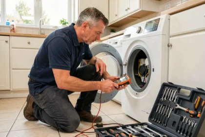 Technicien en dépannage électroménager intervenant sur un lave-linge dans une cuisine moderne en Gironde