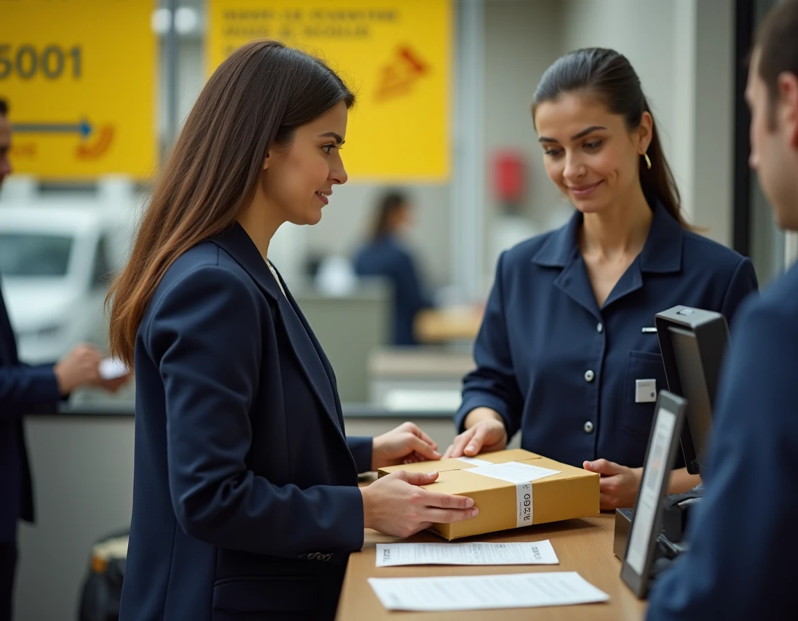 Femme déposant une lettre recommandée au guichet de La Poste pour résilier un contrat