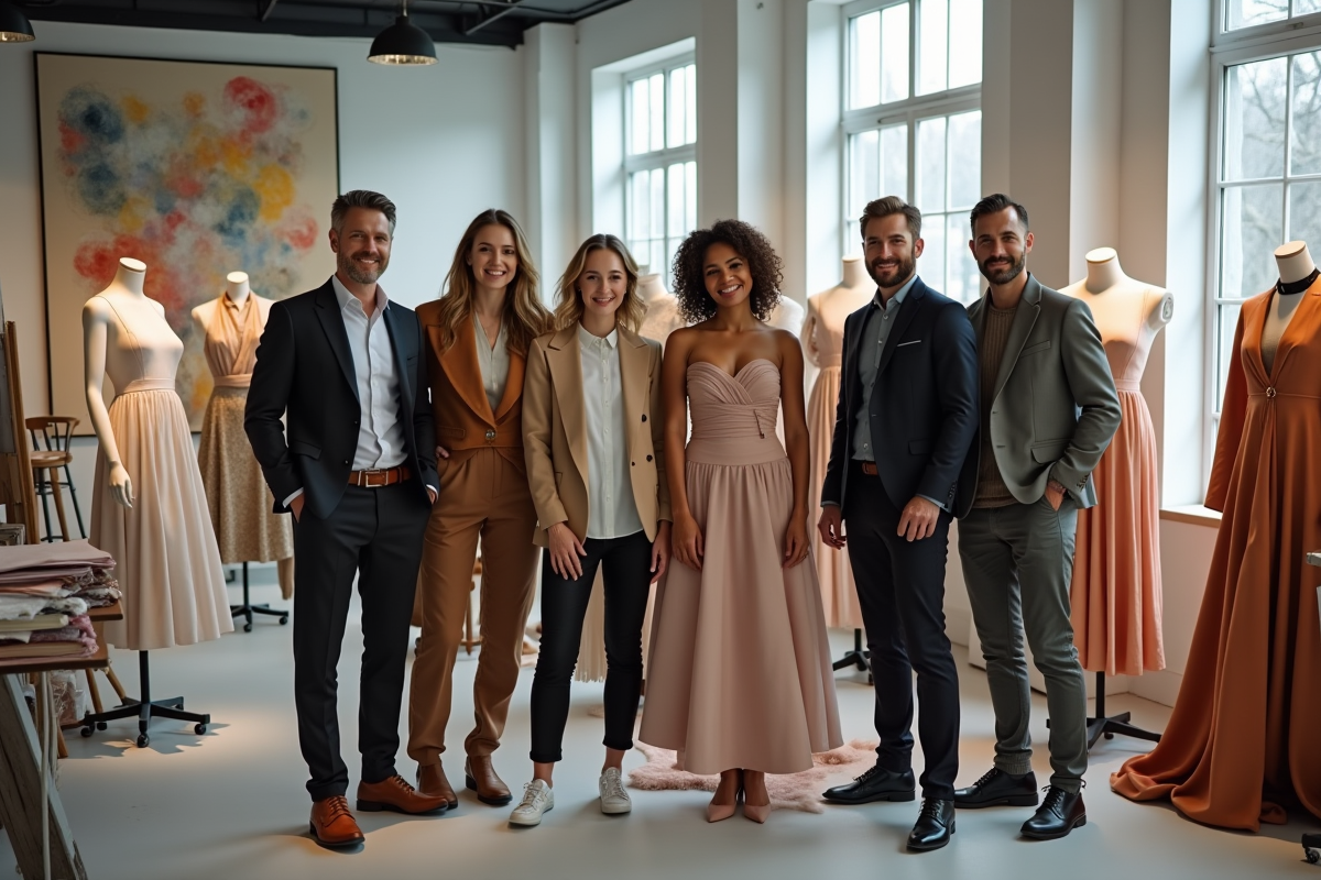 Groupe de créateurs de mode dans un atelier lumineux
