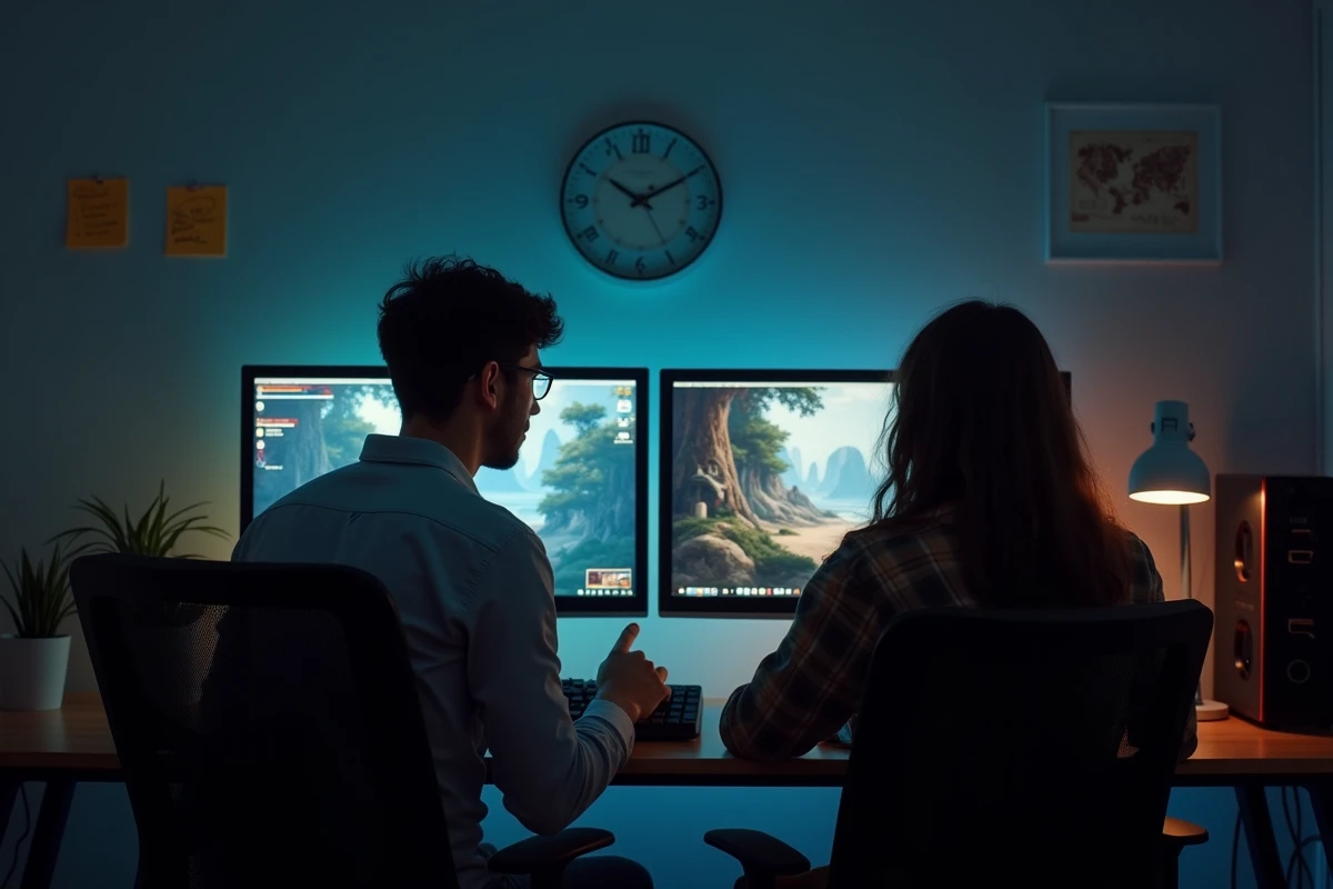 Deux joueurs discutant devant un RPG en pause avec carte d'exploration, évoquant la durée de vie et les choix de style de jeu dans Clair Obscur Expedition 33