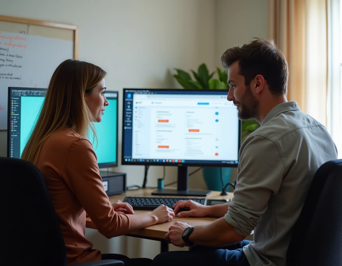 Deux adultes configurant ensemble les filtres NSFW et les paramètres de modération de contenu sur un ordinateur de bureau partagé