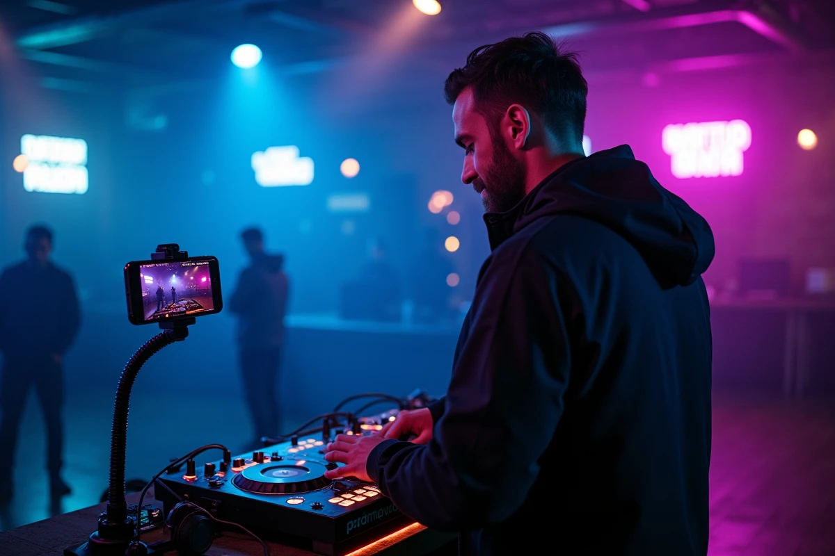 DJ filmant un contenu pour les réseaux sociaux depuis sa console dans un club de musique électronique indépendant