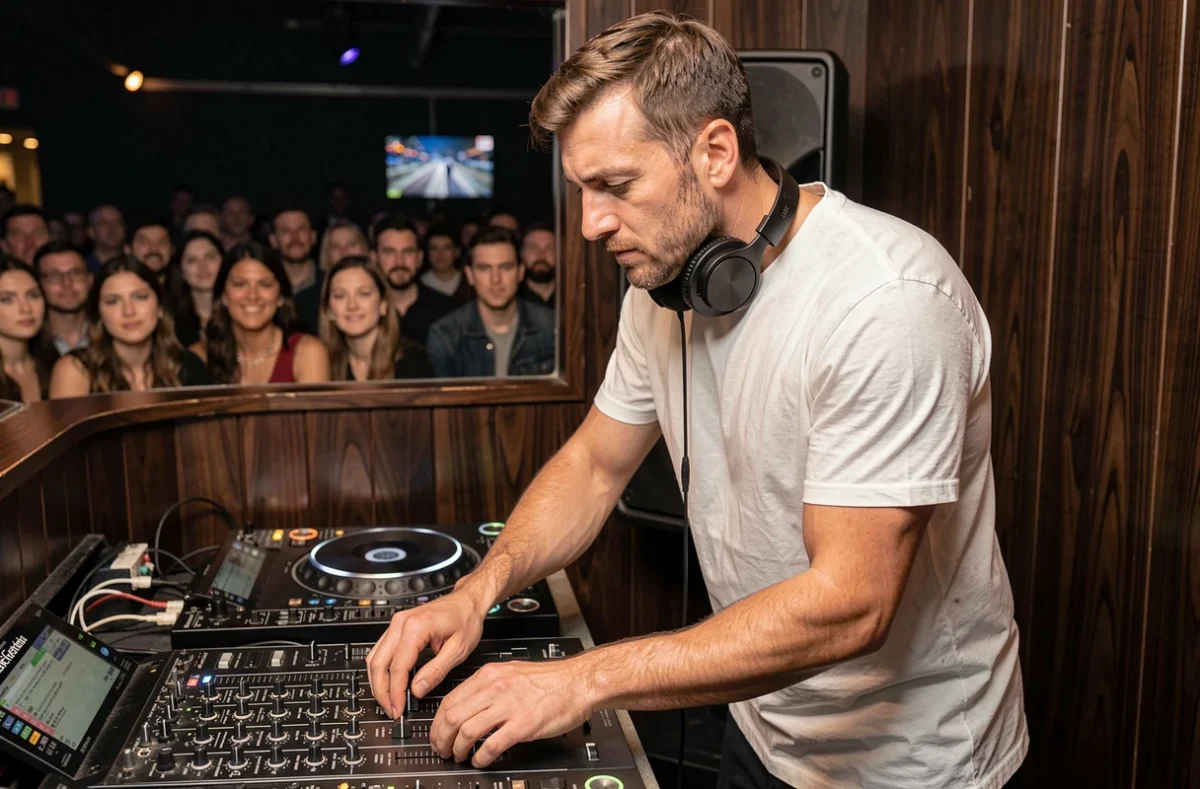 DJ masculin concentré derrière ses platines dans un club de musique électronique à Paris