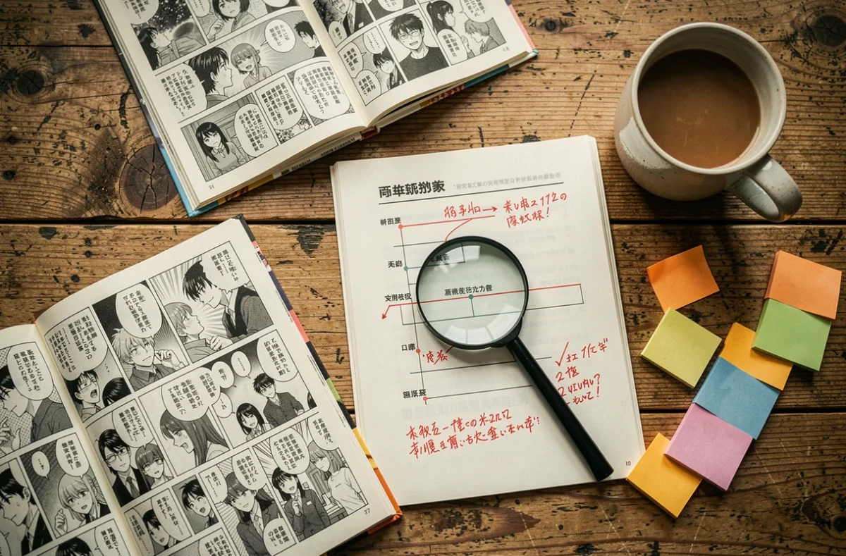 Vue aérienne d'un bureau avec des volumes Dragon Ball ouverts, une chronologie annotée en rouge et une loupe pour analyser les incohérences