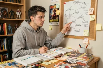 Fan de Dragon Ball analysant une chronologie complexe avec des volumes manga et des notes manuscrites sur un bureau en bois