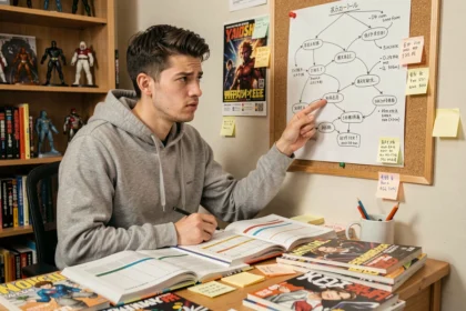 Fan de Dragon Ball analysant une chronologie complexe avec des volumes manga et des notes manuscrites sur un bureau en bois