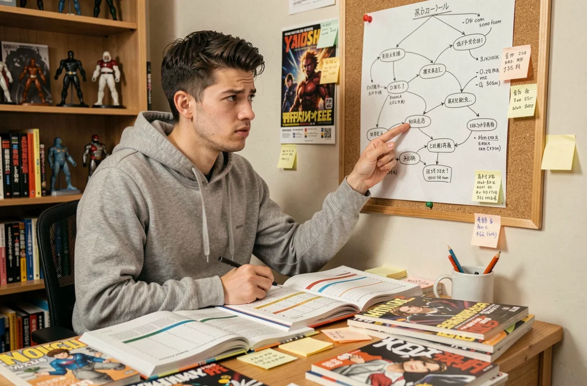 Fan de Dragon Ball analysant une chronologie complexe avec des volumes manga et des notes manuscrites sur un bureau en bois