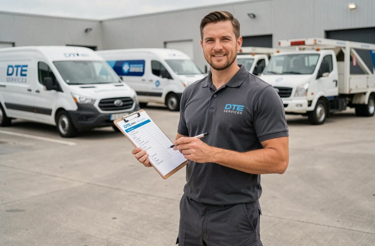 Responsable de DTE Services tenant un carnet de suivi devant une flotte de véhicules de service dans une cour commerciale