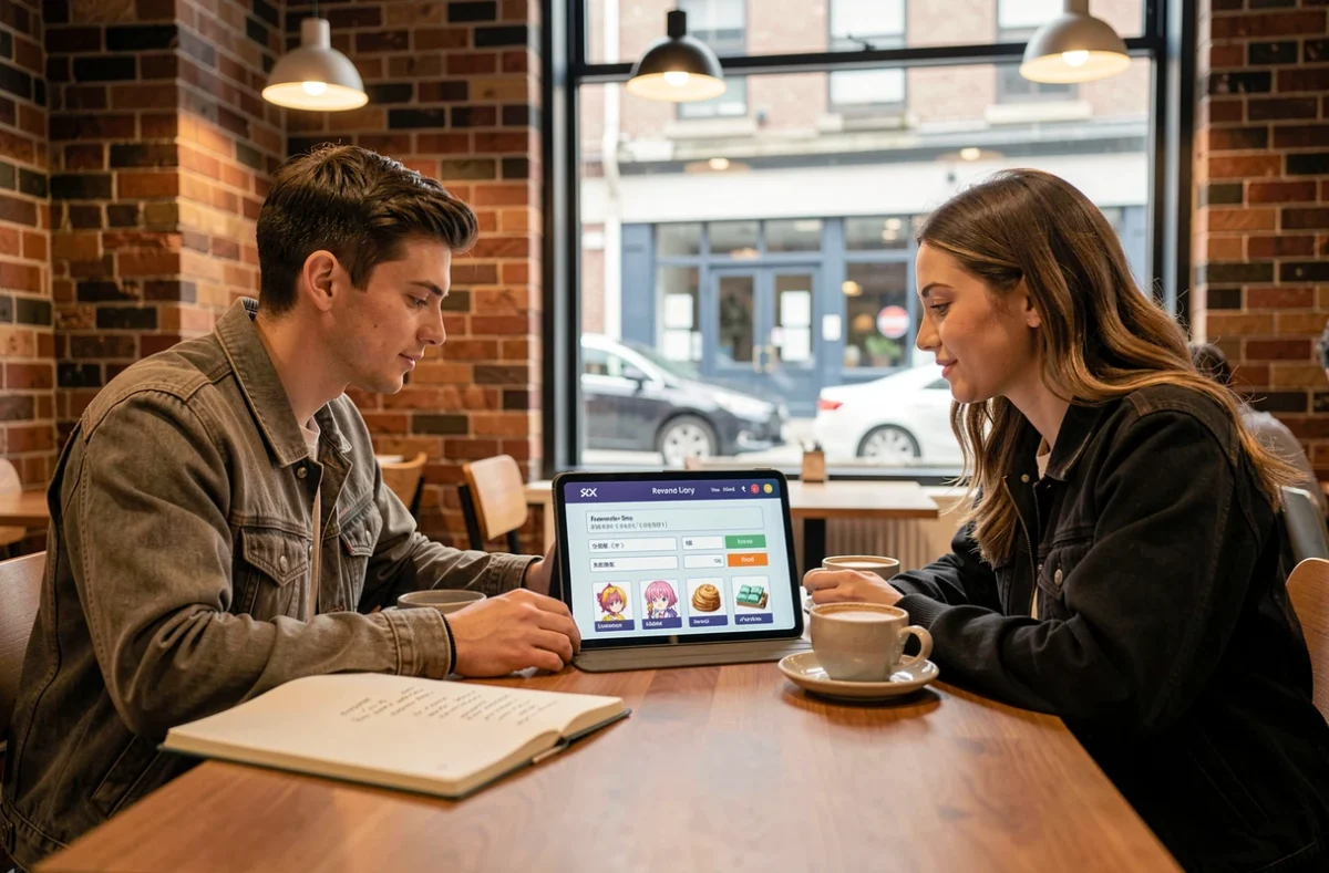 Deux joueurs consultant un guide de codes de récompense pour un jeu anime sur tablette dans un café
