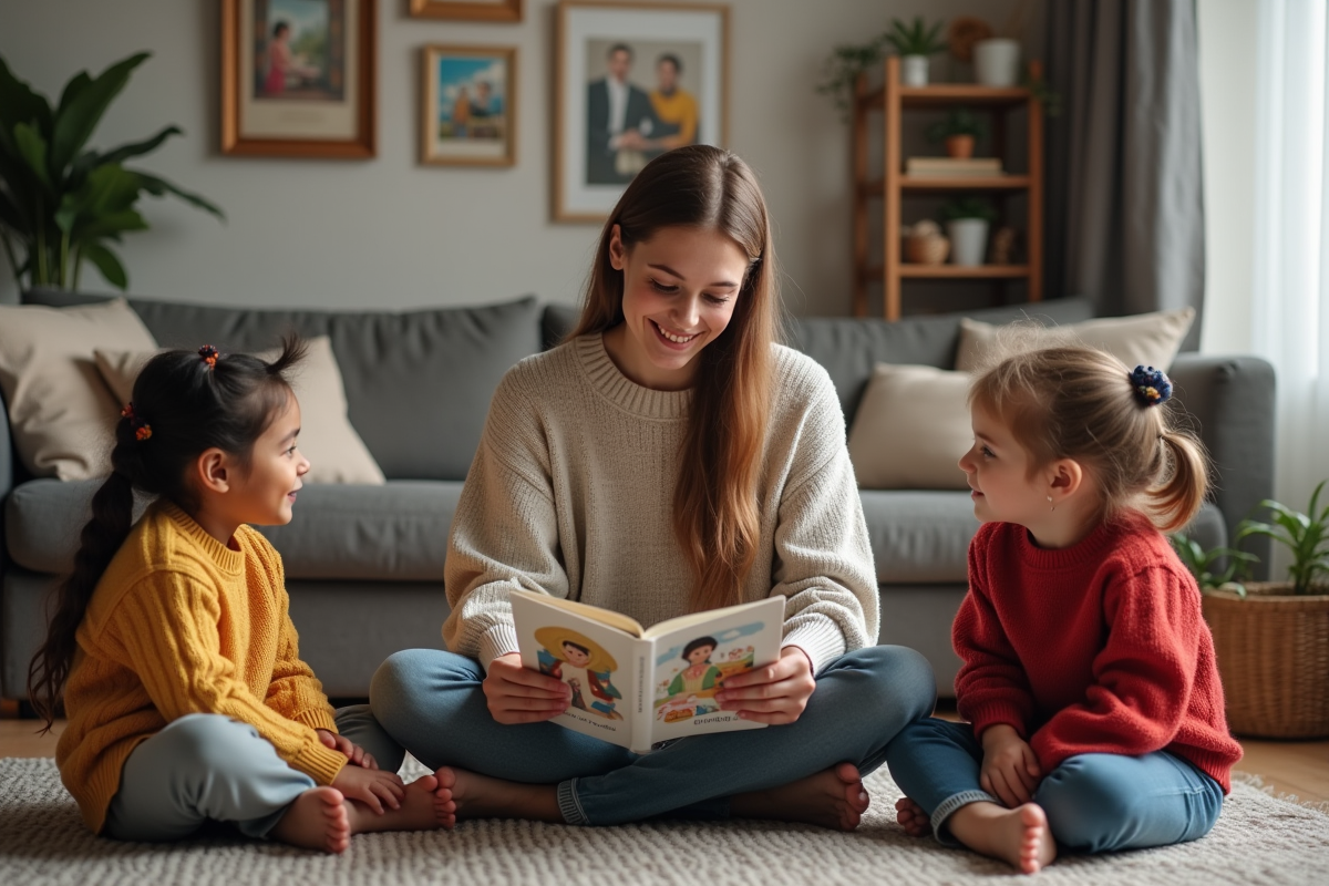 Assistante maternelle lisant un livre bilingue aux enfants