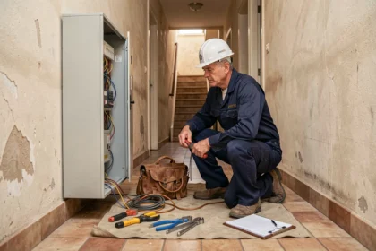 Électricien d'urgence intervenant sur un tableau électrique dans un couloir d'immeuble à Marseille, Bouches-du-Rhône