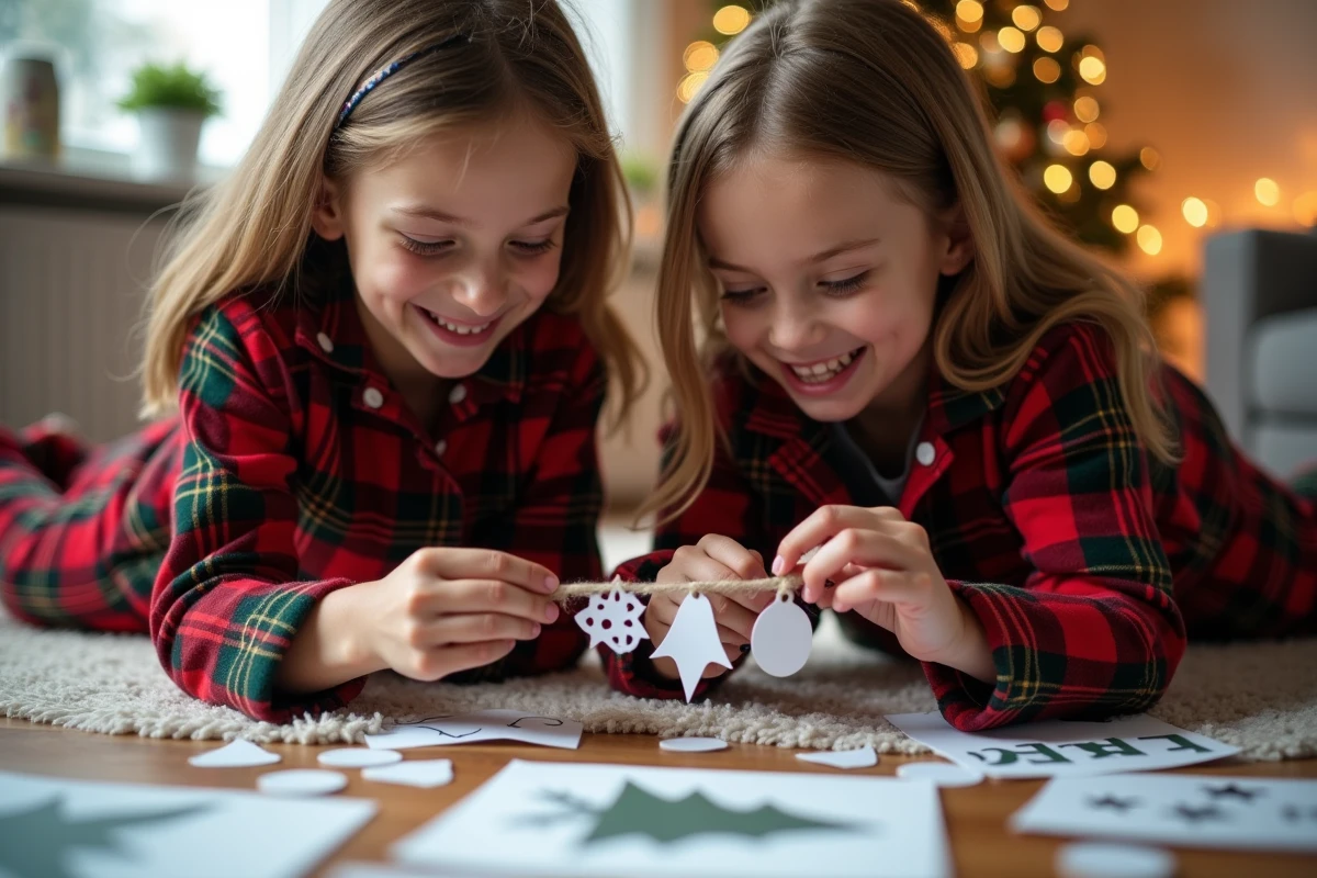 Deux fillettes en pyjamas de Noël assemblant une guirlande en papier avec des découpes imprimées de flocons, sapins et clochettes