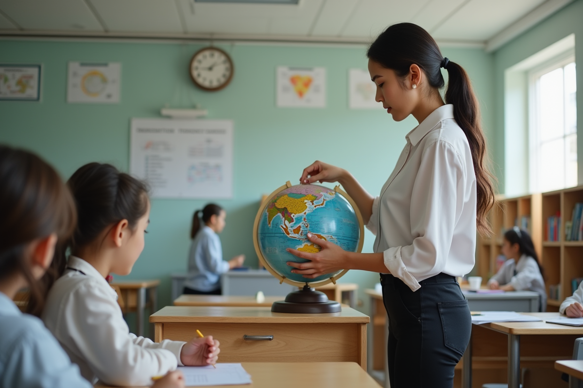 Professeure utilisant un globe pour illustrer la rotation en classe