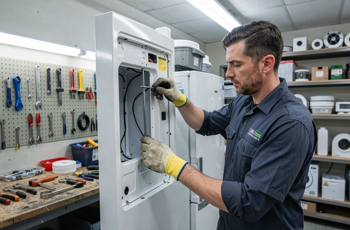 Technicien de l'entreprise Viu réparant un réfrigérateur dans un atelier de dépannage électroménager