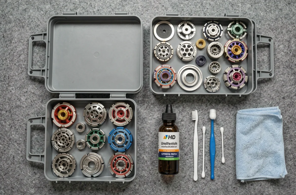 Vue en plongée de composants de toupies beyblade disposés sur feutre gris avec accessoires d'entretien et huile protectrice