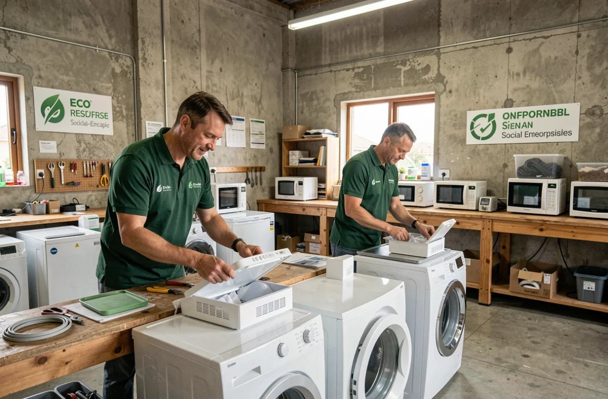 Employés d'Envie Gironde reconditionnant des appareils électroménagers dans un atelier de réemploi solidaire