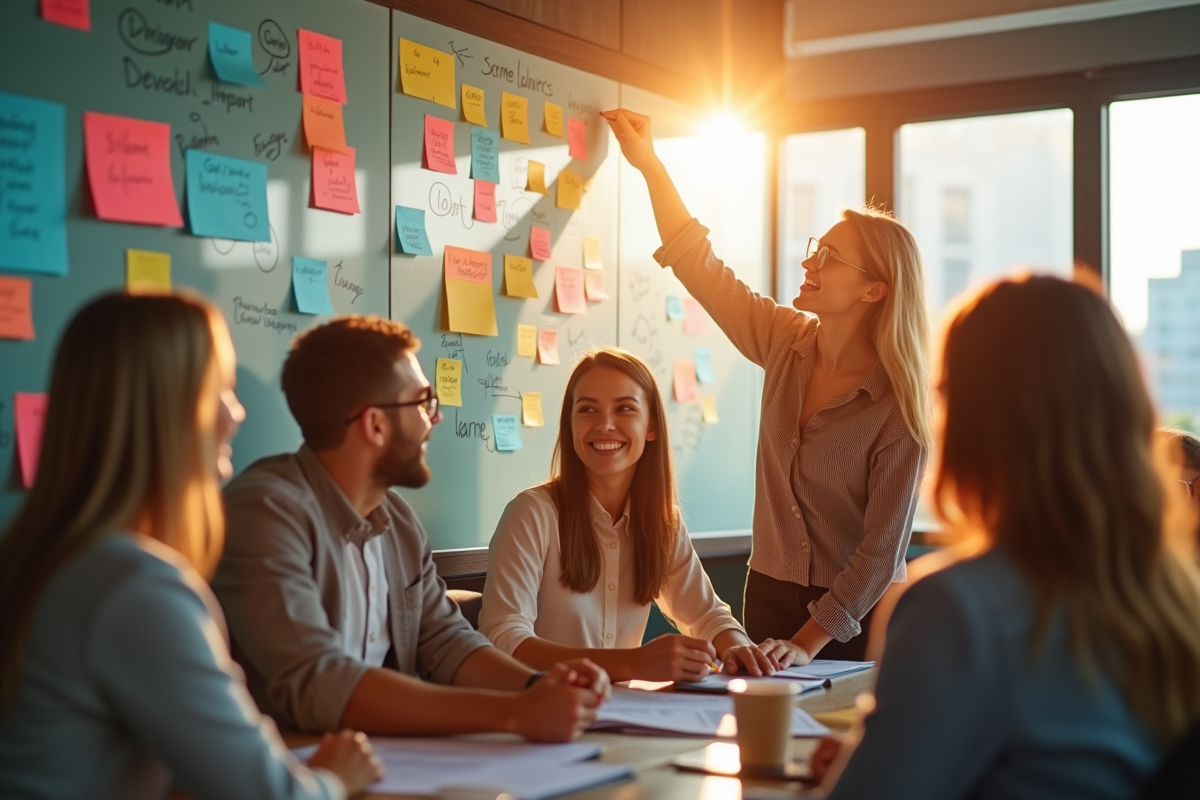 Equipe marketing en brainstorming avec tableau blanc coloré