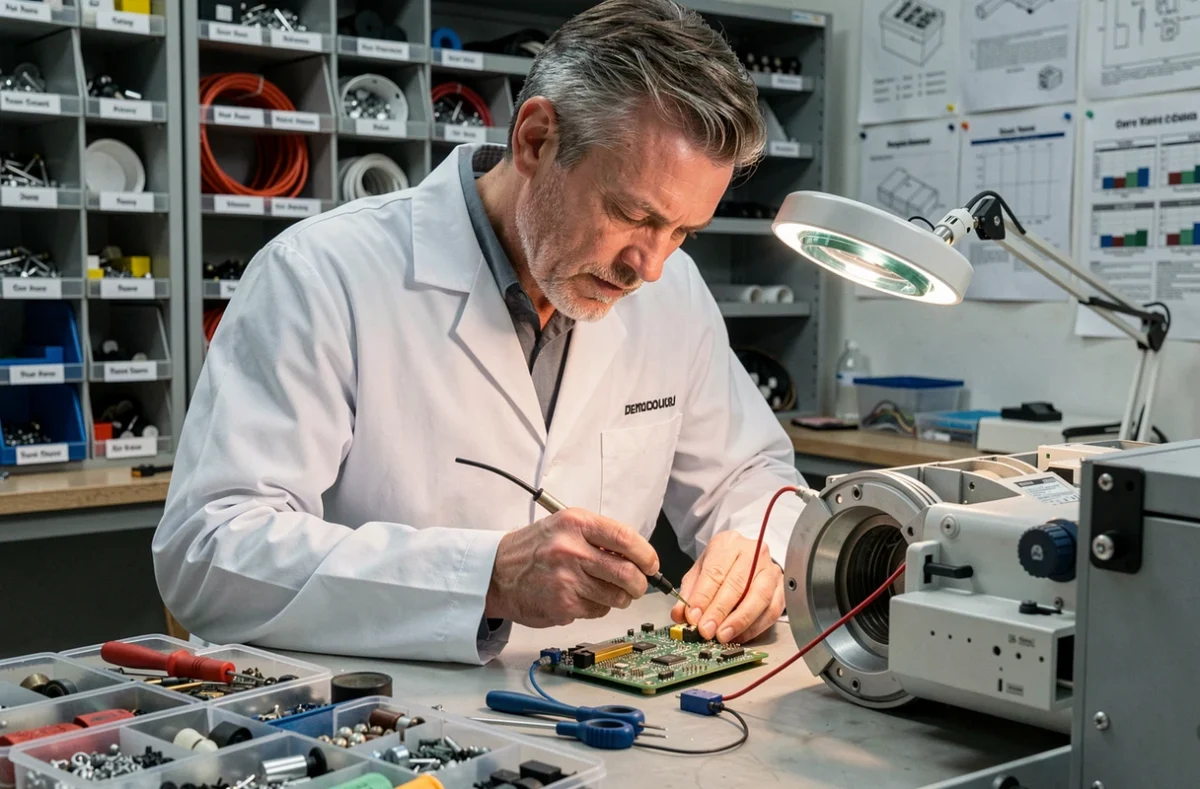 Technicien Ertelec réparant une carte électronique d'appareil électroménager dans un atelier spécialisé