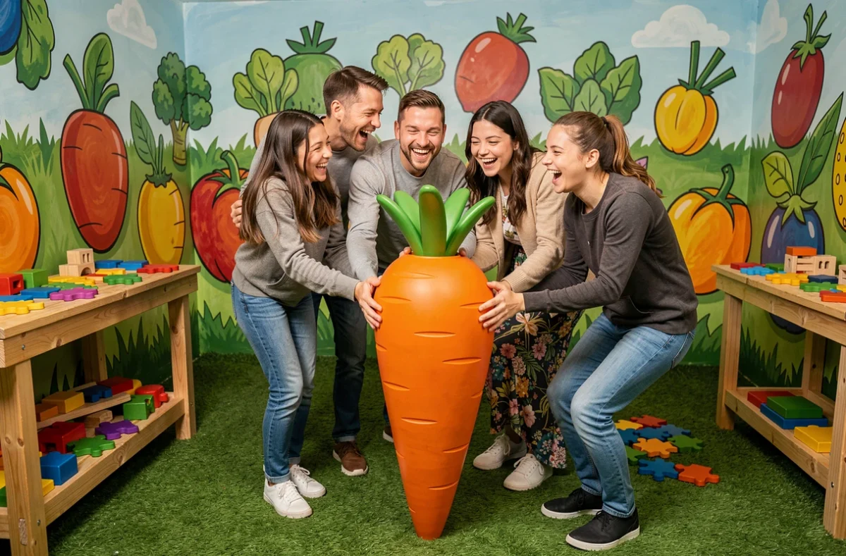 Famille hilare autour d'une carotte géante dans le décor ludique et coloré de l'escape game Escape Carotte en Corse