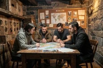 Groupe d'adultes en train de résoudre des énigmes dans une salle d'escape game en Corse, ambiance mystérieuse avec murs en pierre et accessoires vintage