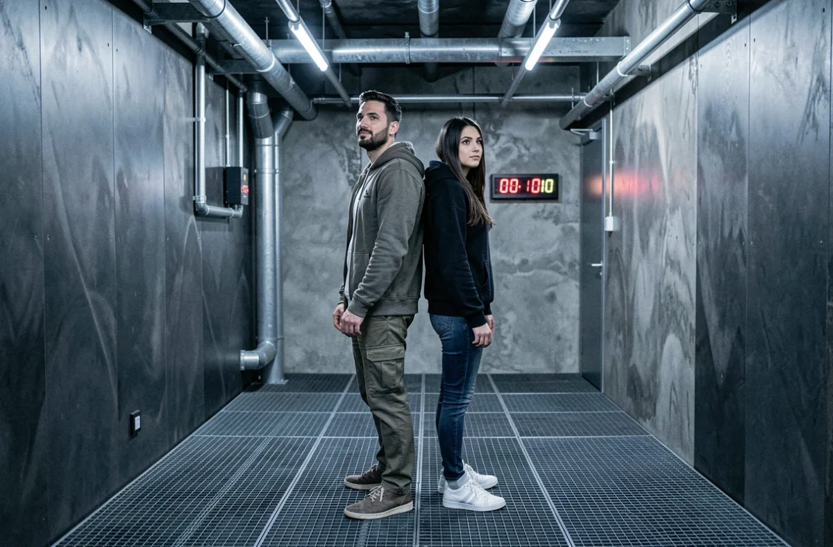 Duo de joueurs concentrés dans la salle industrielle et moderne de l'Escape Game Corsica