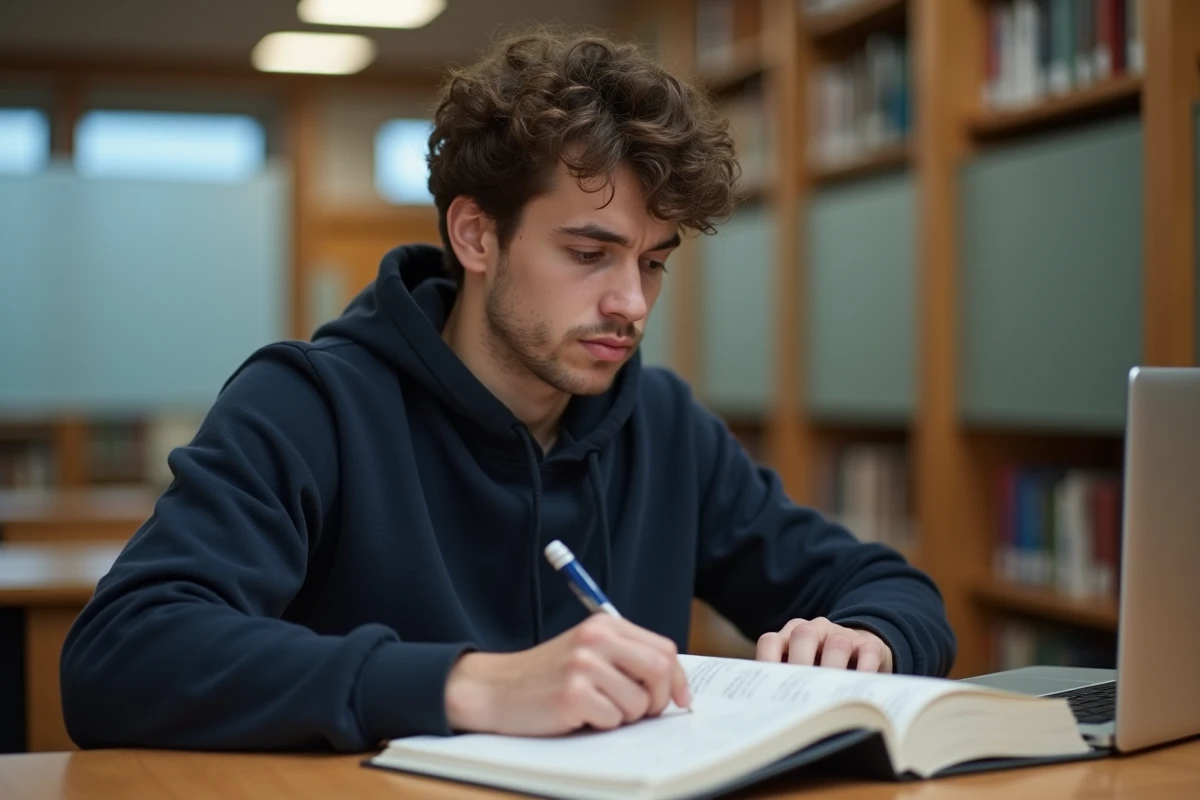 Étudiant consultant un manuel de grammaire française sur le participe passé dans une bibliothèque universitaire