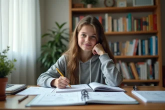 Étudiante adolescente travaillant sur des exercices de conversion ml en litre à son bureau à la maison
