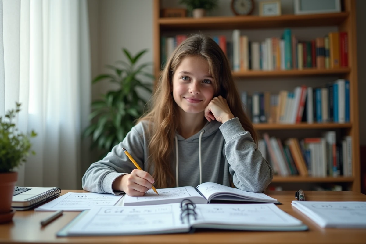 Étudiante adolescente travaillant sur des exercices de conversion ml en litre à son bureau à la maison