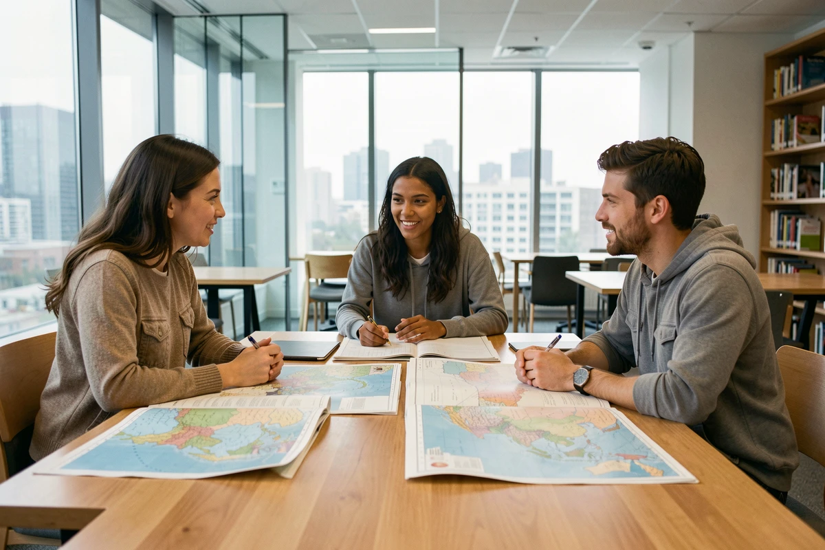Groupe d'étudiants discutant autour d'atlas politiques ouverts sur les pays et frontières du continent asiatique