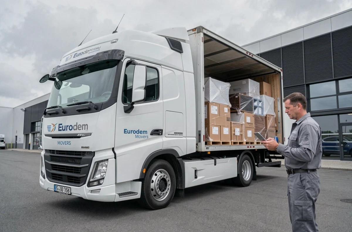 Chauffeur d'Eurodem Movers vérifiant le chargement d'un camion de déménagement international devant un entrepôt logistique
