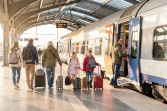 Famille nombreuse voyageant ensemble dans un train