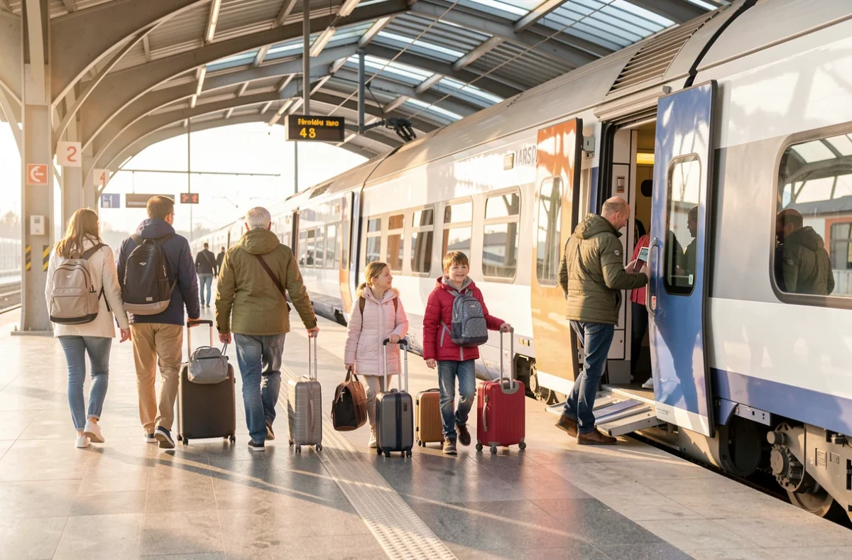Famille nombreuse voyageant ensemble dans un train