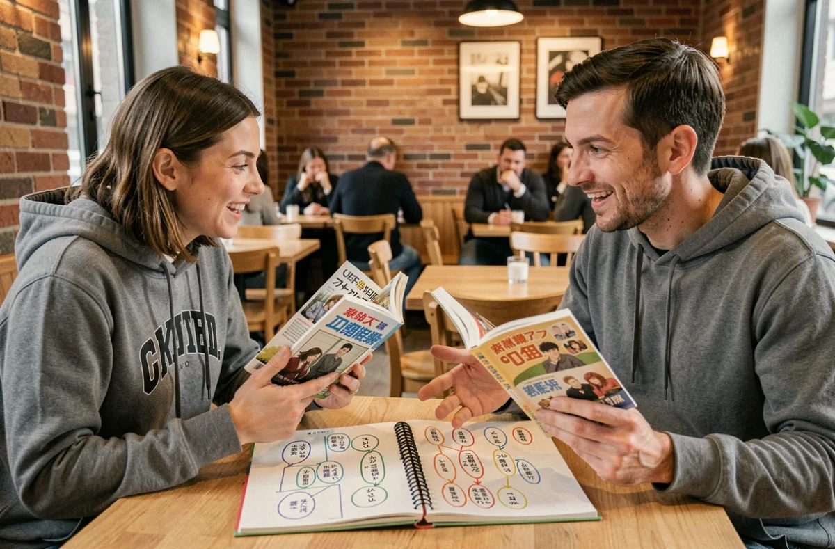 Deux fans adultes discutant des incohérences temporelles de Dragon Ball autour d'un cahier annoté dans un café